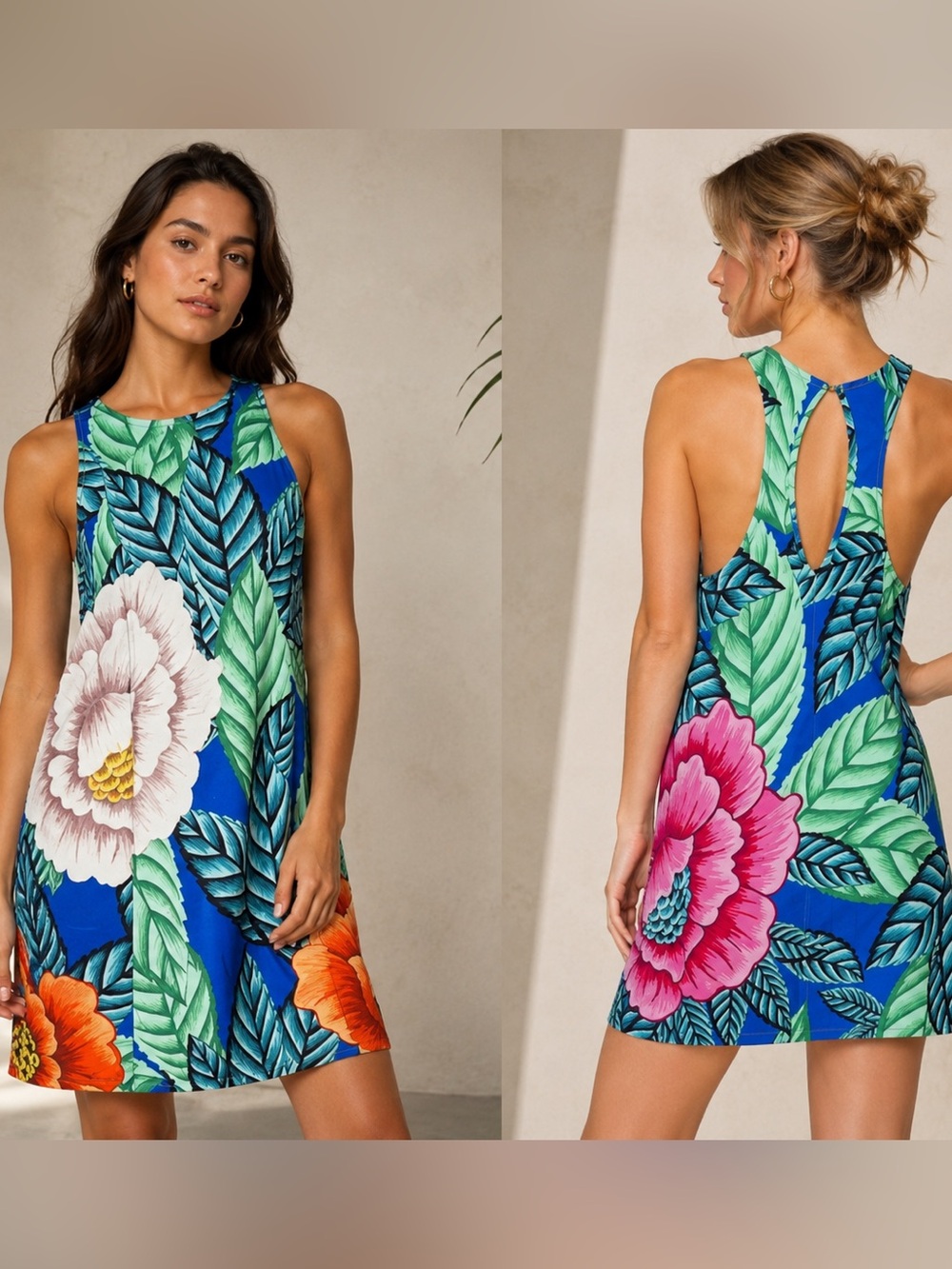 Mara Hoffman Blue Orange Floral‎ Tropical Ponte Knit Mini Dress